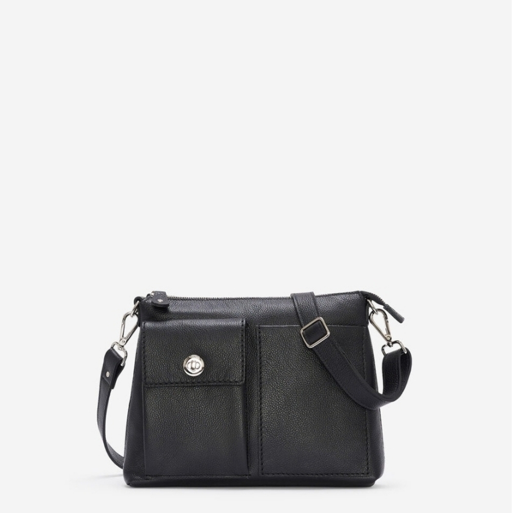 Roots The Villager Cervino Pebbled Black Leather Crossbody Bag